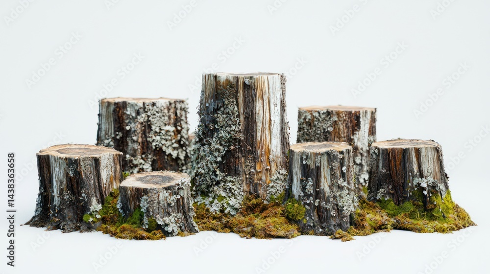 Poster cluster of weathered tree stumps with moss and lichen on white surface.