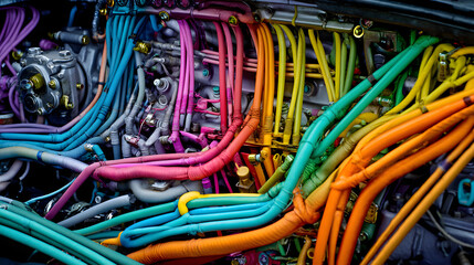 Colorful engine wiring showcasing a vibrant arrangement of expertly organized cables and hoses.