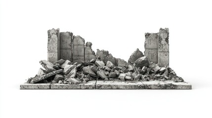 Collapsed buildings with broken concrete walls and rubble on white background