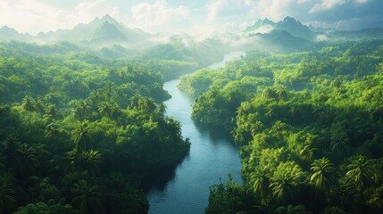 Fototapeta premium A stunning aerial view of a dense tropical rainforest with lush trees and winding rivers, vibrant wildlife