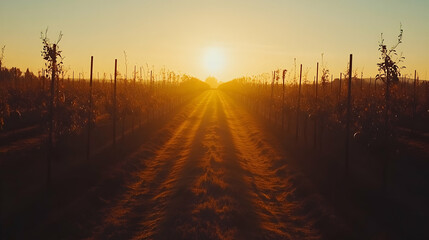 Golden hour illuminates the vineyard pathway, promising new beginnings and growth
