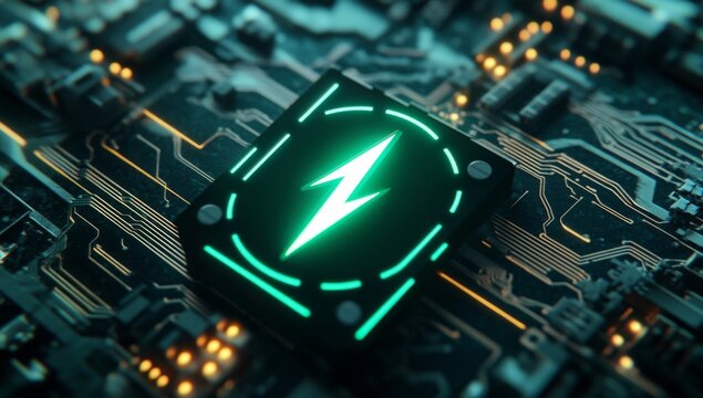 Circuit board with glowing lightning symbol - Powered by Adobe