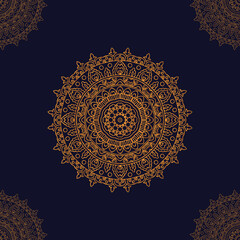 Intricate Gold Mandala on Deep Navy Blue Background, Symmetrical Floral and Leaf Design, Ornate Traditional Decorative Art for Meditation and Calm