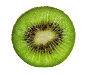 Fresh kiwi slice showing vibrant green color and unique seeds on a transparent background, cut out