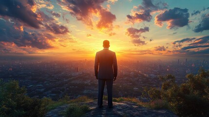 Obraz premium Businessman in a suit gazes at a vibrant sunset over a sprawling cityscape, contemplating future