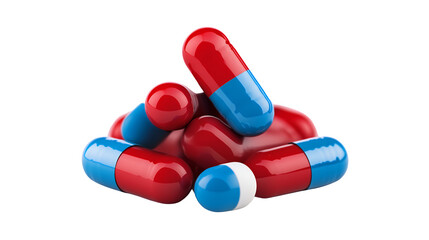 Pile of red and blue capsules on transparent background. Medical, pharmaceutical, healthcare concept. 3D rendering.