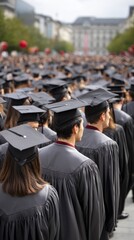 Large group of graduates in academic gowns and caps, awaiting ceremony