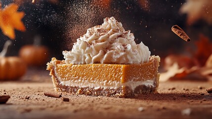 A decadent slice of classic pumpkin pie with a generous swirl of whipped topping is dusted with cinnamon against a dark, rustic background for seasonal menus.