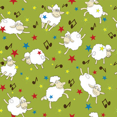 Playful seamless pattern featuring cute cartoon sheep dancing among colorful stars and musical notes on a bright green neutral background. Perfect for kids clothing, nursery decor, fabrics, gift wraps