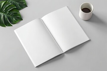 Blank Open Book with Coffee and Leaf, Mockup for Design