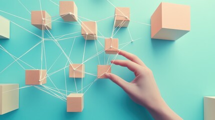 Hand connecting pastel cubes, network, blue background, concept
