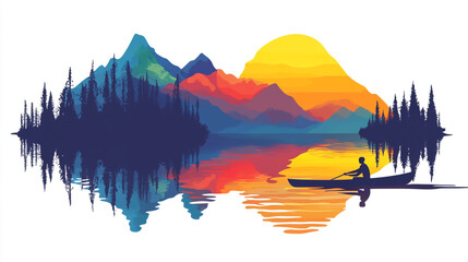 A man is rowing on the lake, with mountains and trees in the background.