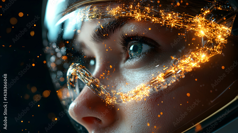 Aufkleber a futuristic image of a person wearing a high-tech helmet with glowing energy streams around their f