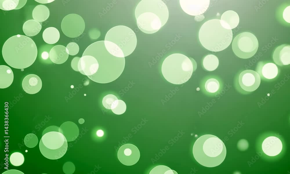 Poster green bokeh lights bubbles moving from bottom to top. abstract background