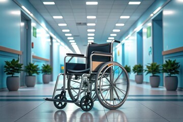 Empty Wheelchair in Modern Hospital Corridor with Blue Walls and Potted Plants