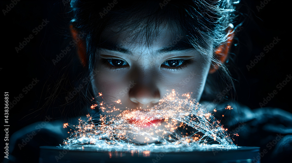 Aufkleber a person observes a glowing web of light. could represent data analysis or emerging technology. sugg