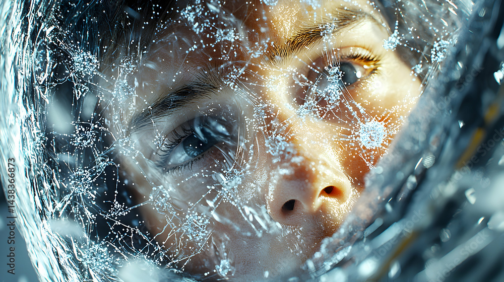 Aufkleber a close-up of a person's face is encased in a futuristic web-like material. it suggests themes of te