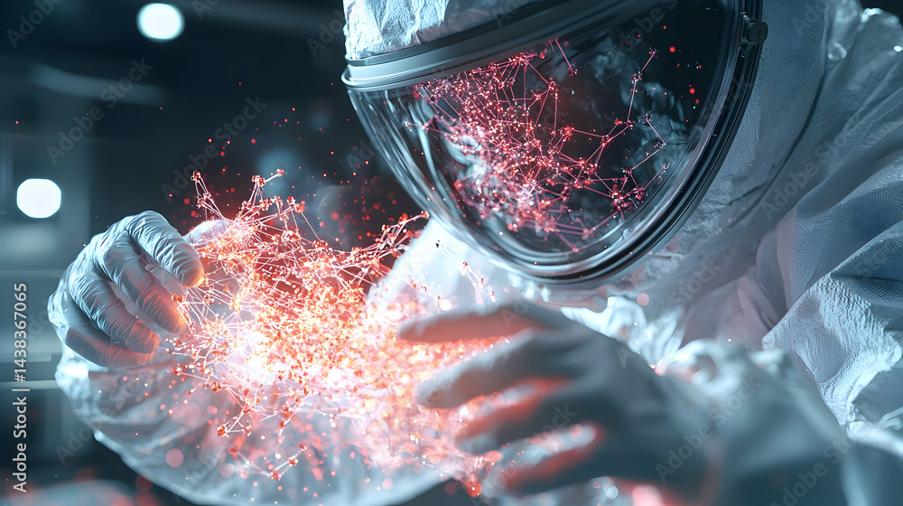Fototapete scientist explores a glowing network of data in a lab. ideal for tech medical or scientific presenta
