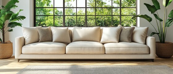 Beige sofa in a bright living room