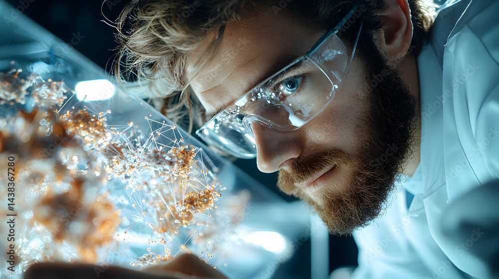 Poster a scientist examines a microscopic structure with focus. the image is likely related to scientific r
