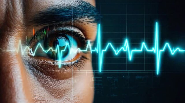 Extreme close-up investor eye tiny stock chart candlesticks, biometric wristband heartbeat glow, heatmap overlays eye tech, finance, retail sectors, soft volumetric lighting, cinematic micro lens