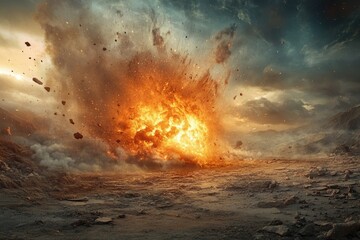 Massive explosion on a desolate planet, fiery debris and rocks flying through the air.