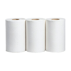 Three white paper towel rolls standing upright on transparent background with detailed texture and soft shadows, emphasizing cleanliness and hygiene in everyday use.