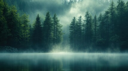 Fototapeta premium A serene view of a mist-covered lake surrounded by dense forest, early morning light filtering through the trees, peaceful atmosphere