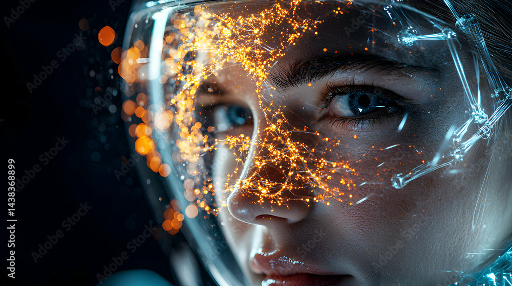 Poster a futuristic portrait of a woman with glowing networks overlaid on her face inside a transparent hel
