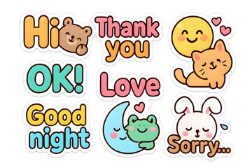 Fototapeta premium Expressive Icons: A collection of playful, cute illustrations that includes greeting icons, emoji, and heartfelt expressions such as 