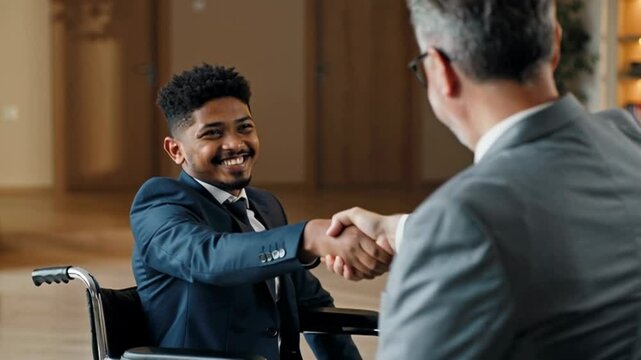 Client shaking hands with young smiling disabled african lawyer in wheelchair after successful legal consultation