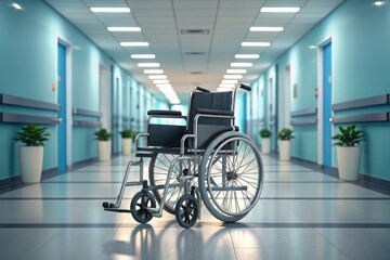 Empty Wheelchair in Modern Hospital Corridor Surrounded by Bright Blue Walls and Plants
