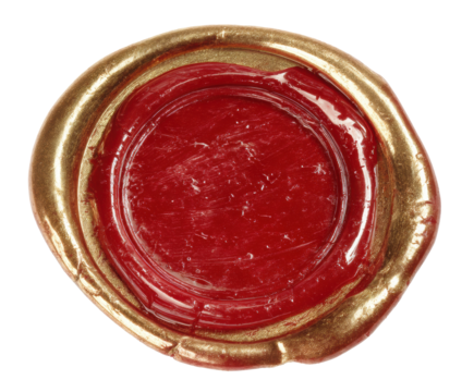 Red wax seal with gold border for invitations or letters on a transparent background, cut out