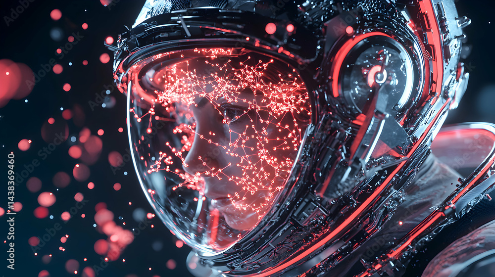 Aufkleber futuristic astronaut with a helmet showing a network of glowing lines symbolizing artificial intelli