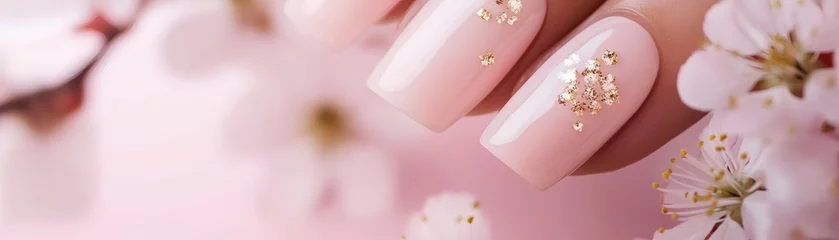 Tableaux sur Plexiglas Elegant manicure with pink nail polish and floral decorations. A close-up shot capturing delicate beauty and springtime freshness