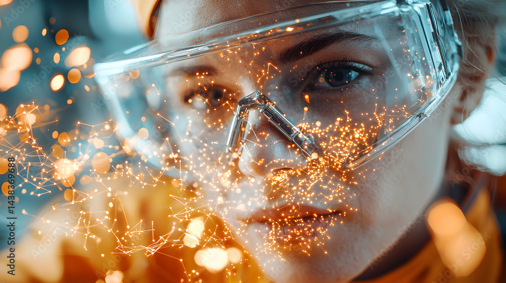Aufkleber a woman wears safety goggles with glowing light particles. it suggests science technology or future 