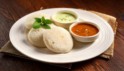 South Indian famous break fast idly with chutneys and sambar in a plate closeup with selective focus and blur. serving  vegetarian breakfast of South Indian restaurant Kerala Tamil Nadu India Srilanka