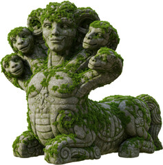 Fototapeta premium Ancient Moss Covered Stone Statue of Multi Headed Chimera like Creature
