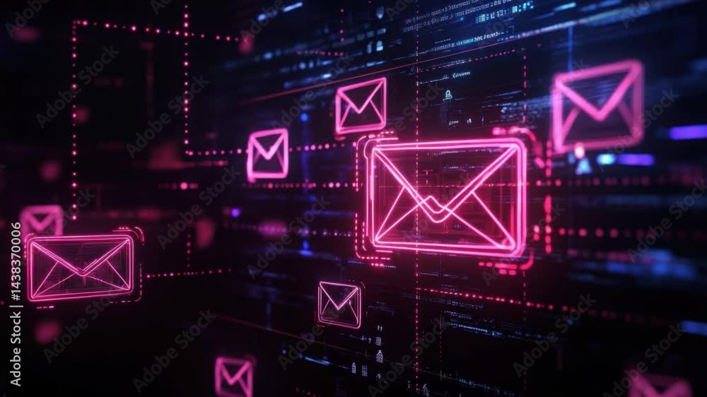 Poster futuristic digital mail icons with neon effects and abstract data connections in virtual space