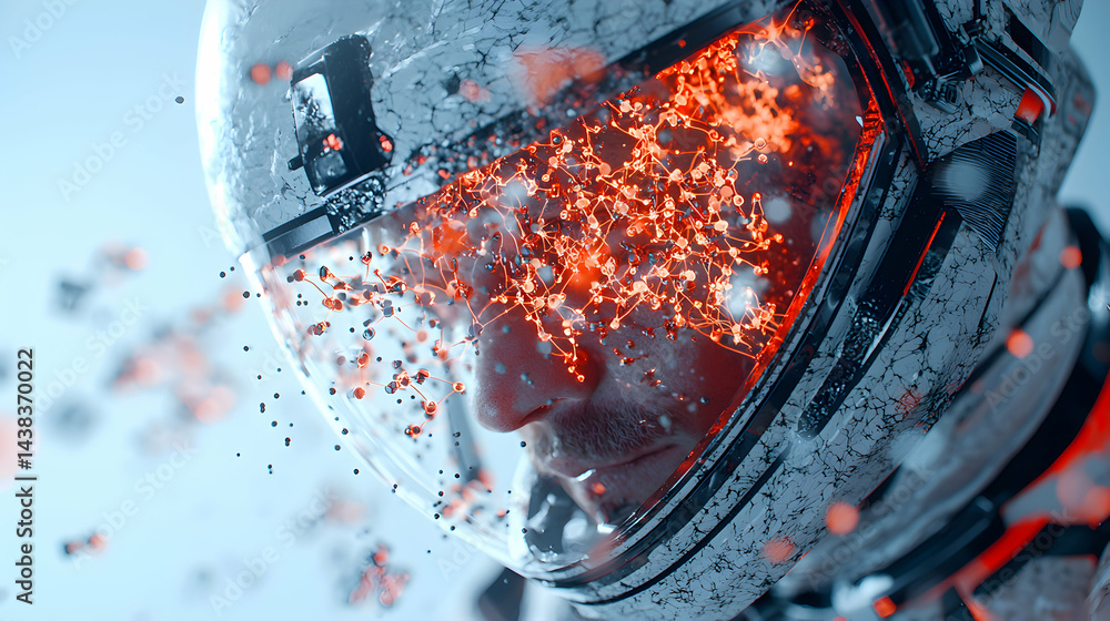 Aufkleber a futuristic astronaut with a helmet cracked and neural network glowing within. suitable for tech in