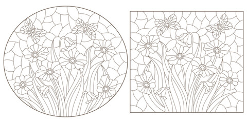 Fototapeta premium Set of contour illustrations in the style of stained glass with bouquets of flowers and butterflies 