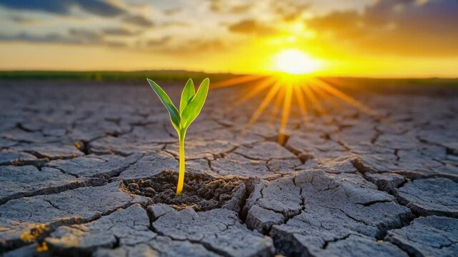 of a small sprout breaking through cracked soil during sunrise in a desert environment, symbolizing the tenacity and hope found even in harsh conditions.