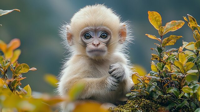 Adorable baby monkey in foliage, mountain background; wildlife conservation