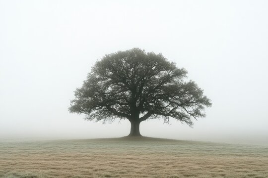 A lone oak tree stands silhouetted against a foggy, pale landscape. - Powered by Adobe
