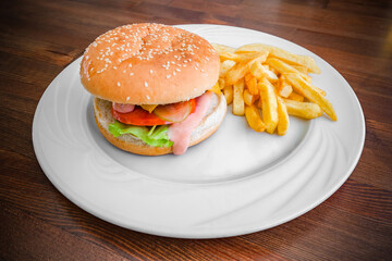 burger and french fries on plate, selective focus
