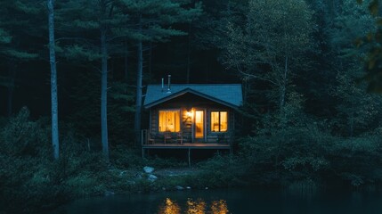 Rustic cabin illuminated by interior light, nestled in a serene forest beside a tranquil lake at night.