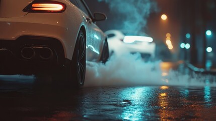 Close-up view of a modern, white sports car's exhaust pipes emitting smoke on a wet urban street at night.