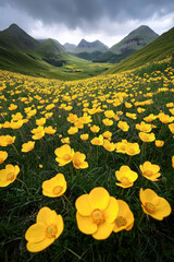 Fototapeta premium A Stunning Meadow of Yellow Flowers Nestled in Mountains