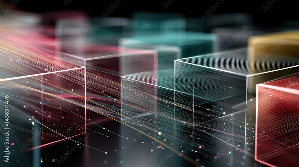 Poster transparent layered interfaces float in futuristic digital space with vibrant lights and particles c