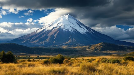 Fototapeta premium A dramatic shot of a snow-capped mountain with dark clouds gathering in the sky, setting a moody atmosphere for an adventure